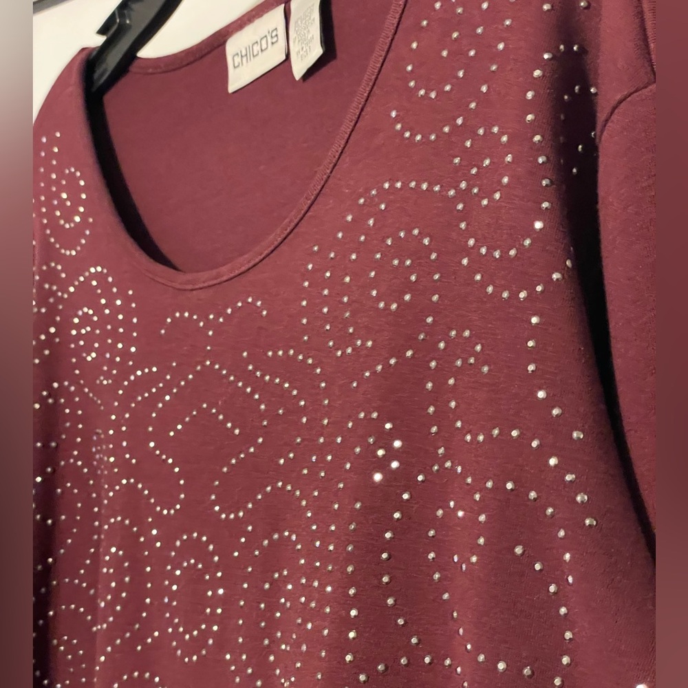 Chico’s Embellished Long Sleeve Burgundy Top Sz 3 (XL/16) - Picture 6 of 8